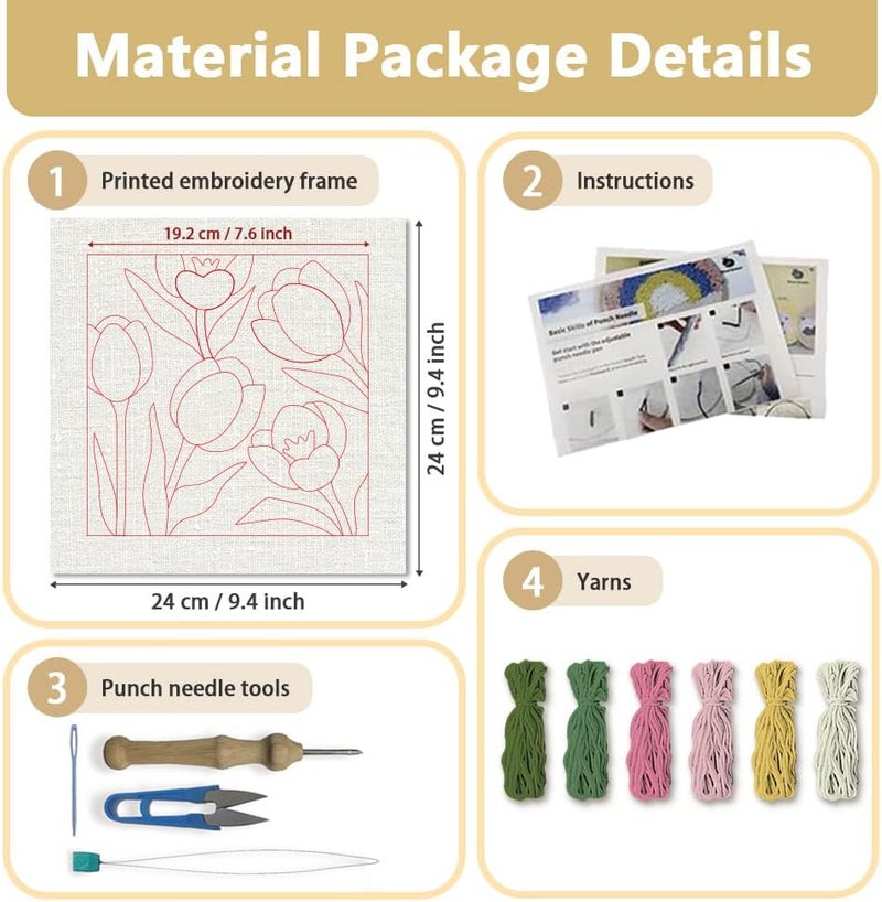 DOODLREAM Tulips DIY Punch Needle Embroidery Kit for Adult Beginner, 9.4" Flower Punch Stitching Craft Set for Starter with Frame, Fabric Pattern, Threader, Yarn, Pinch Needle - Image 2